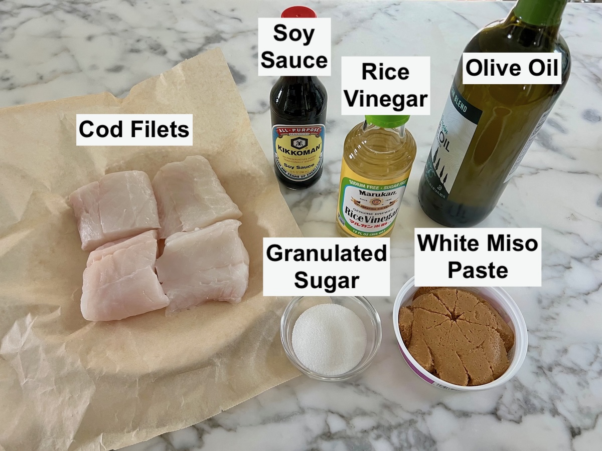 Ingredients prepped and measured out on the counter for the Glazed Miso Cod Recipe.