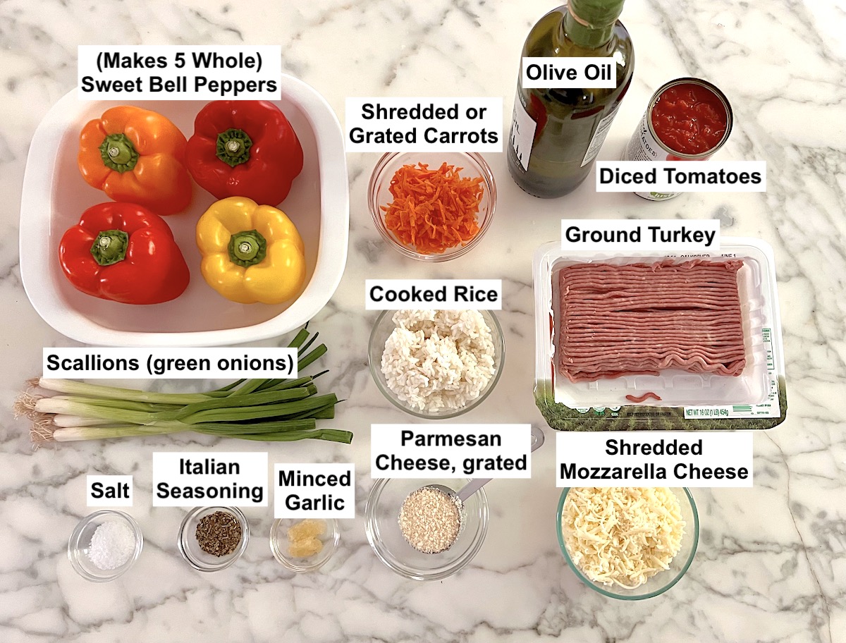 Ingredients prepped and measured out for the Stuffed Peppers with Ground Turkey recipe.