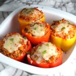 Five Red and Yellow Stuffed peppers with Ground Turkey, rice, and topped with melted cheese and a sprinkle of sliced scallions. The peppers are in the large square casserole dish on a blue and white striped towel on the counter.
