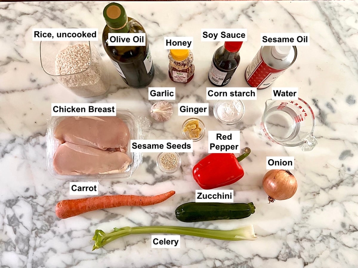 Labeled ingredients prepped and measured out or in bottles on the counter for this Chicken Stir Fry Recipe.