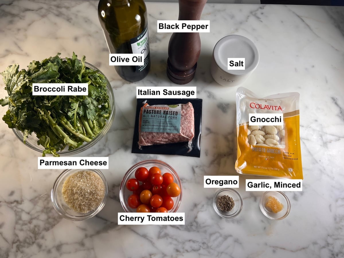 Labeled ingredients prepped and measured out or in bottles on the counter for Sheet Pan Gnocchi.