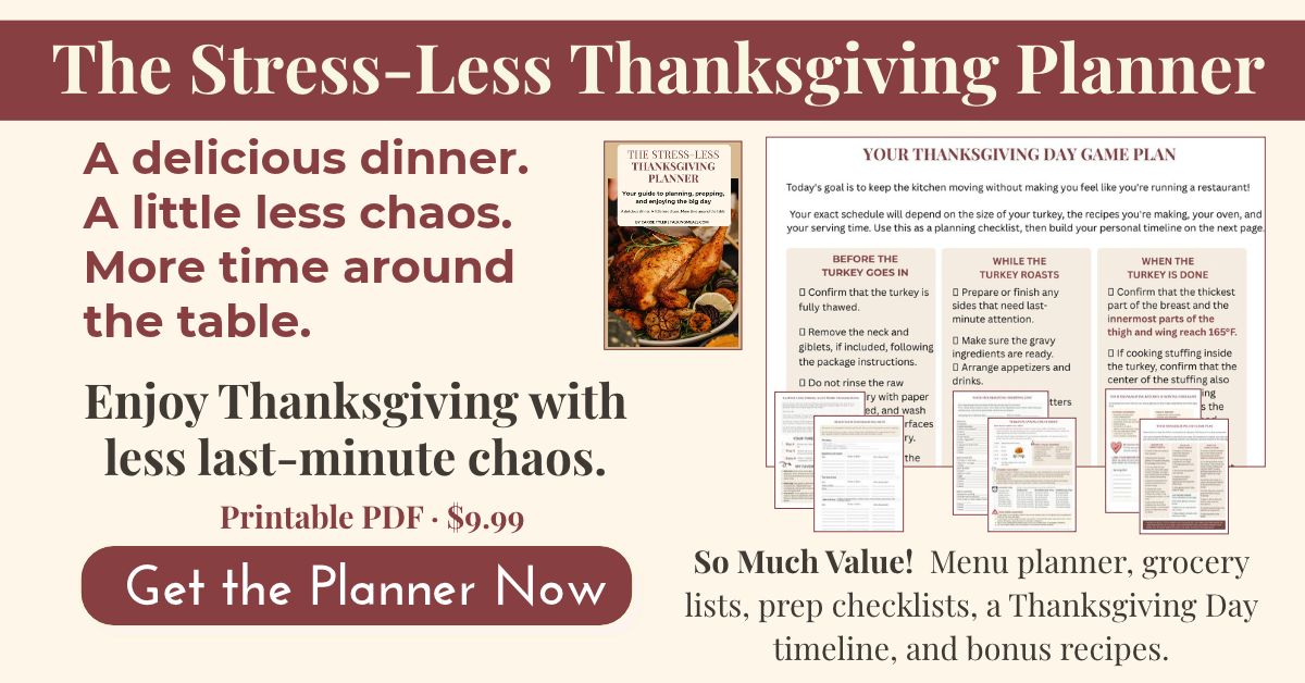 Promotional Ad for The Stress-Less Thankgiving Planner. Helps you plan your Menu, provides grocery lists, Game Day Checklist, Pre-Ahead Steps and schedule, and Thanksigivng Timelines.