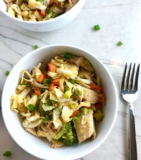 This warm Chicken and Seared Cabbage Salad with carrots and broccoli can be eaten by itself or on top of rice and it is great warm or cold! I love asian flavors and the nuttiness from the sesame oil, the saltiness from the soy sauce, with the sweetness from the honey and vinegar are a wonderful combination.