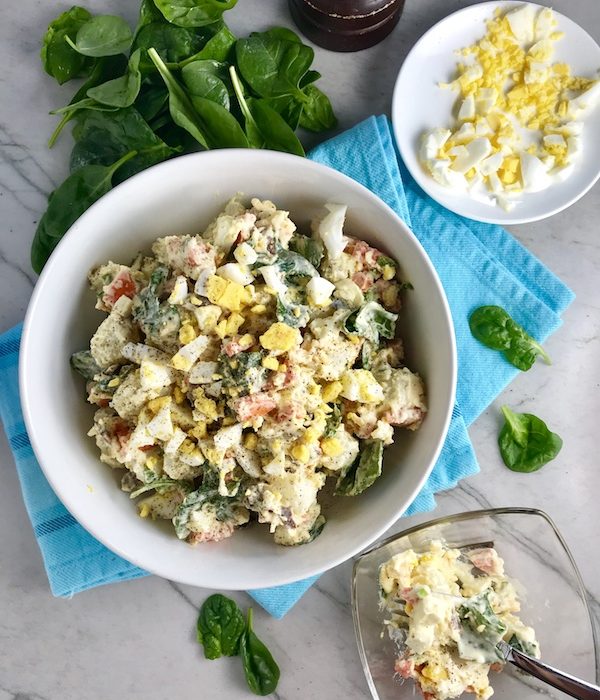 This Fully Loaded Potato Salad has salty bacon and cheddar cheese, creamy and rich egg, fresh scallions and baby spinach, and crunchy carrots.  The dressing is simple with a blend of yellow mustard and mayo.  Make ahead and enjoy later! YUMM-Y!