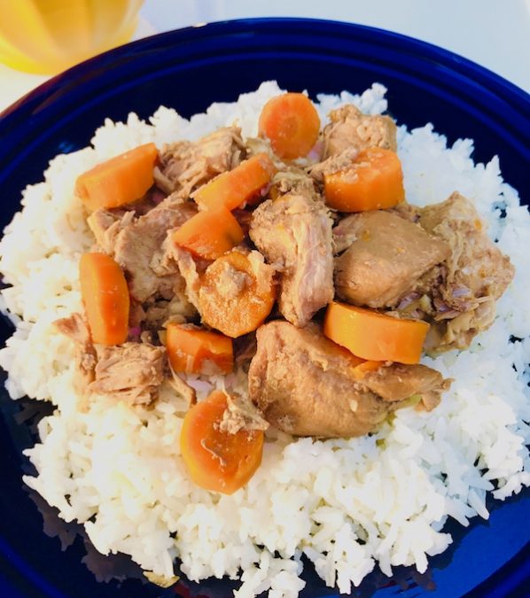 5-Ingredient Slow Cooker Pork Stew is easy and flavorful! Served over Rice, it's a perfect family dinner.